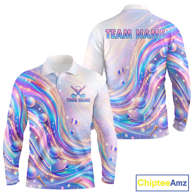 Personalized Golf Polo Shirt Custom Holographic Wave Golf Jersey Colorful Golf Team Uniform