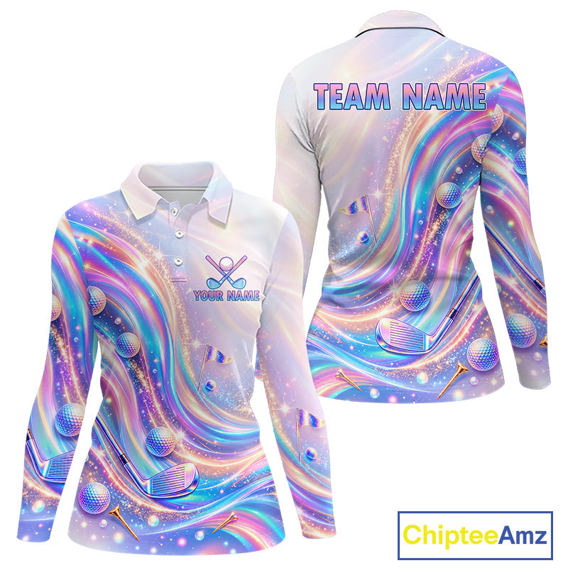 Personalized Golf Polo Shirt Custom Holographic Wave Golf Jersey Colorful Golf Team Uniform