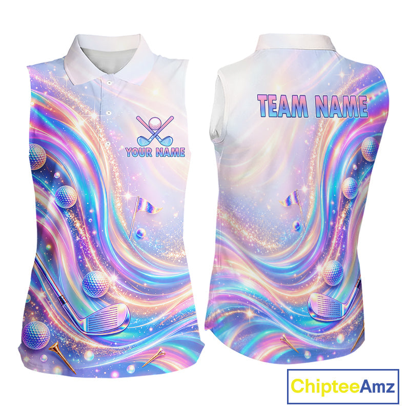 Personalized Golf Sleeveless Polo Shirt Custom Holographic Wave Golf Jersey Colorful Golf Team Uniform