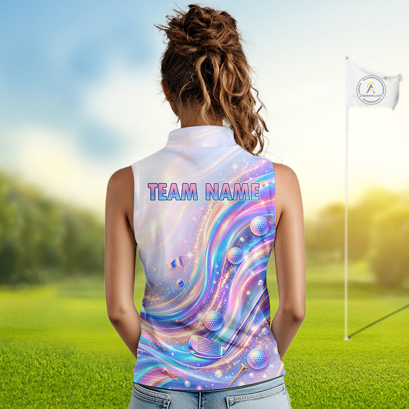 Personalized Golf Sleeveless Polo Shirt Custom Holographic Wave Golf Jersey Colorful Golf Team Uniform