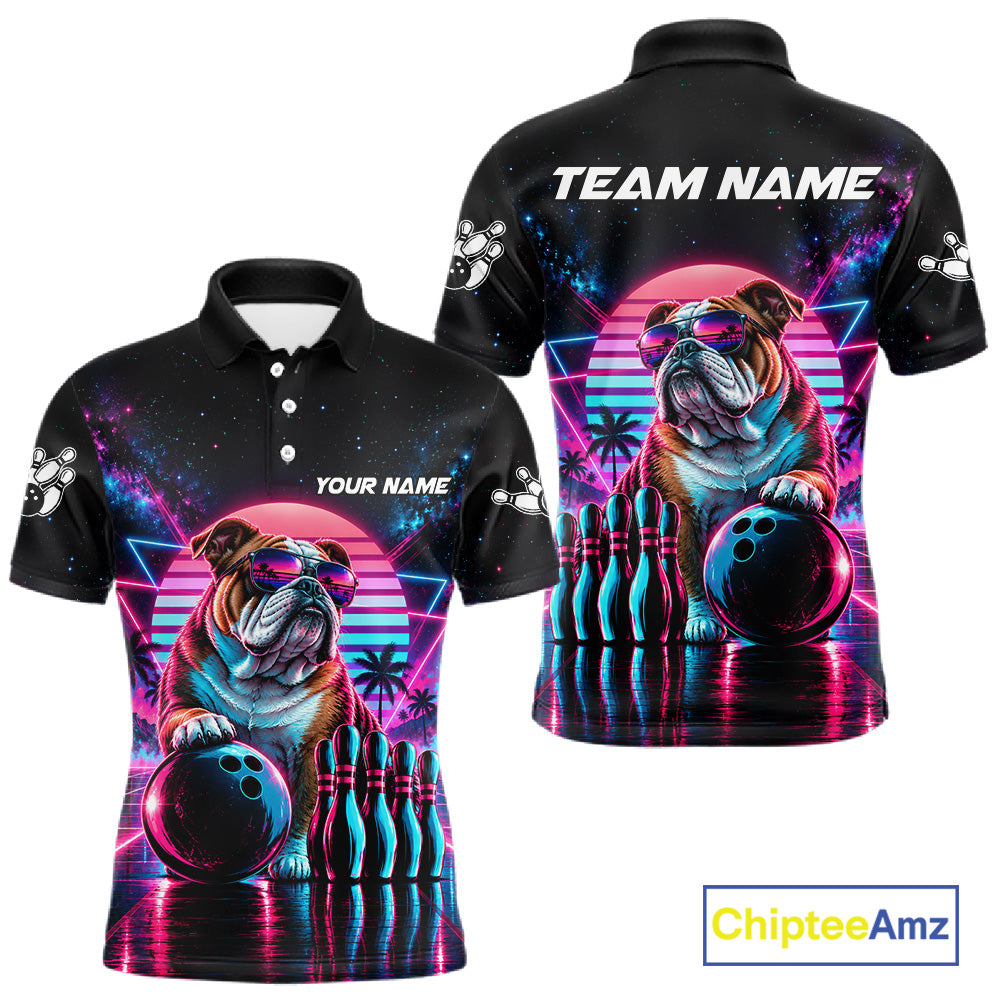 Custom Neon Bulldog Vintage 80S Bowling Polo 1/4-Zip Shirt Personalized Retro Bowling Jersey