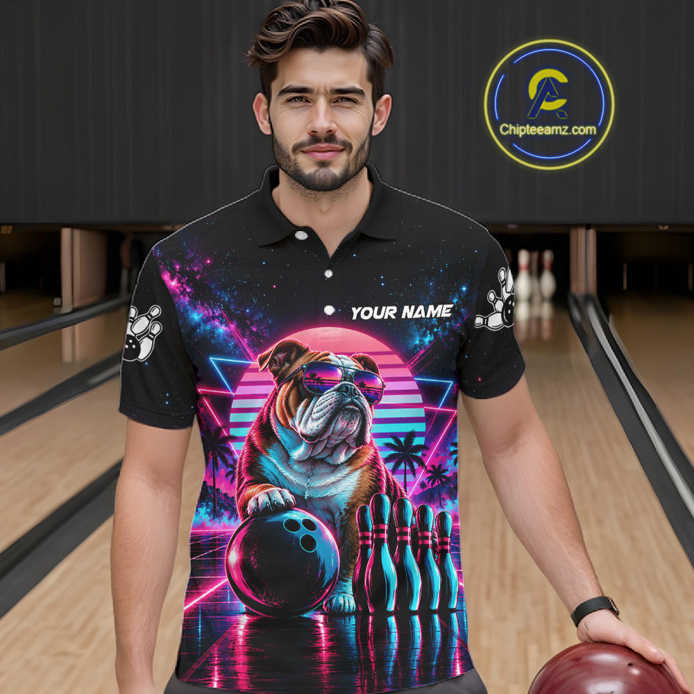 Custom Neon Bulldog Vintage 80S Bowling Polo 1/4-Zip Shirt Personalized Retro Bowling Jersey