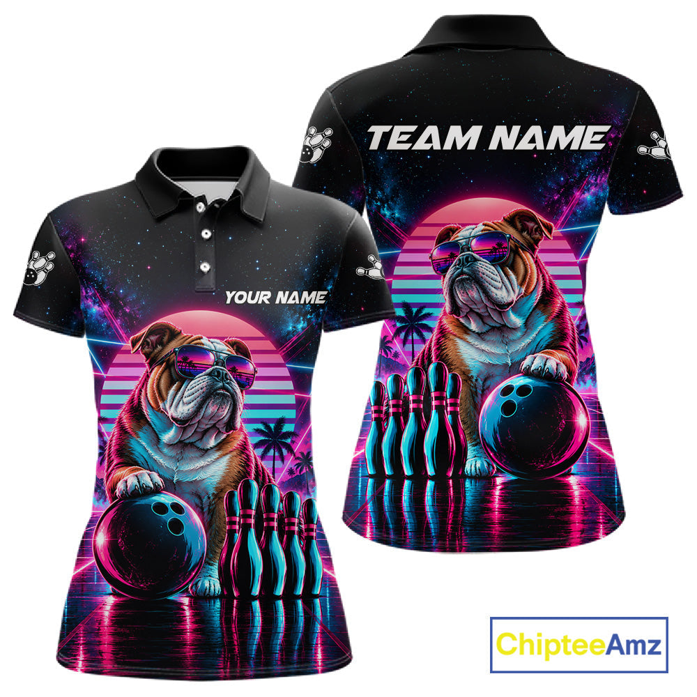 Custom Neon Bulldog Vintage 80S Bowling Polo 1/4-Zip Shirt Personalized Retro Bowling Jersey