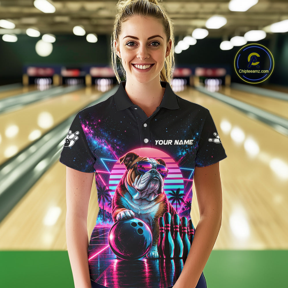 Custom Neon Bulldog Vintage 80S Bowling Polo 1/4-Zip Shirt Personalized Retro Bowling Jersey