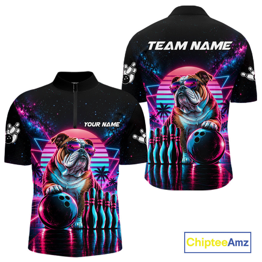 Custom Neon Bulldog Vintage 80S Bowling Polo 1/4-Zip Shirt Personalized Retro Bowling Jersey