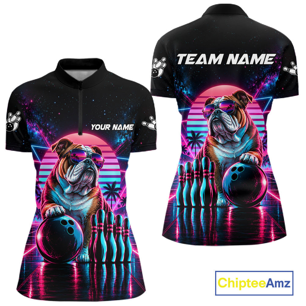 Custom Neon Bulldog Vintage 80S Bowling Polo 1/4-Zip Shirt Personalized Retro Bowling Jersey