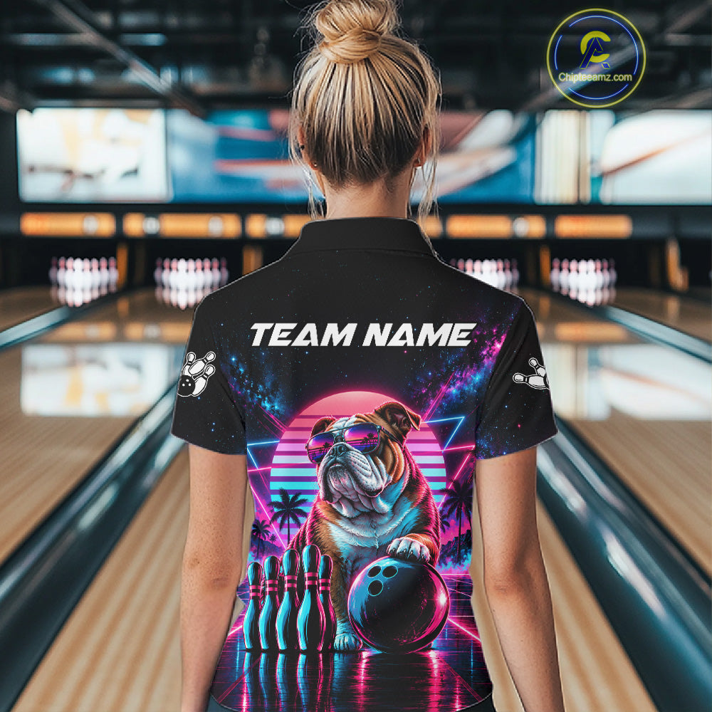 Custom Neon Bulldog Vintage 80S Bowling Polo 1/4-Zip Shirt Personalized Retro Bowling Jersey