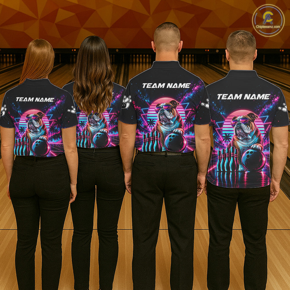 Custom Neon Bulldog Vintage 80S Bowling Polo 1/4-Zip Shirt Personalized Retro Bowling Jersey
