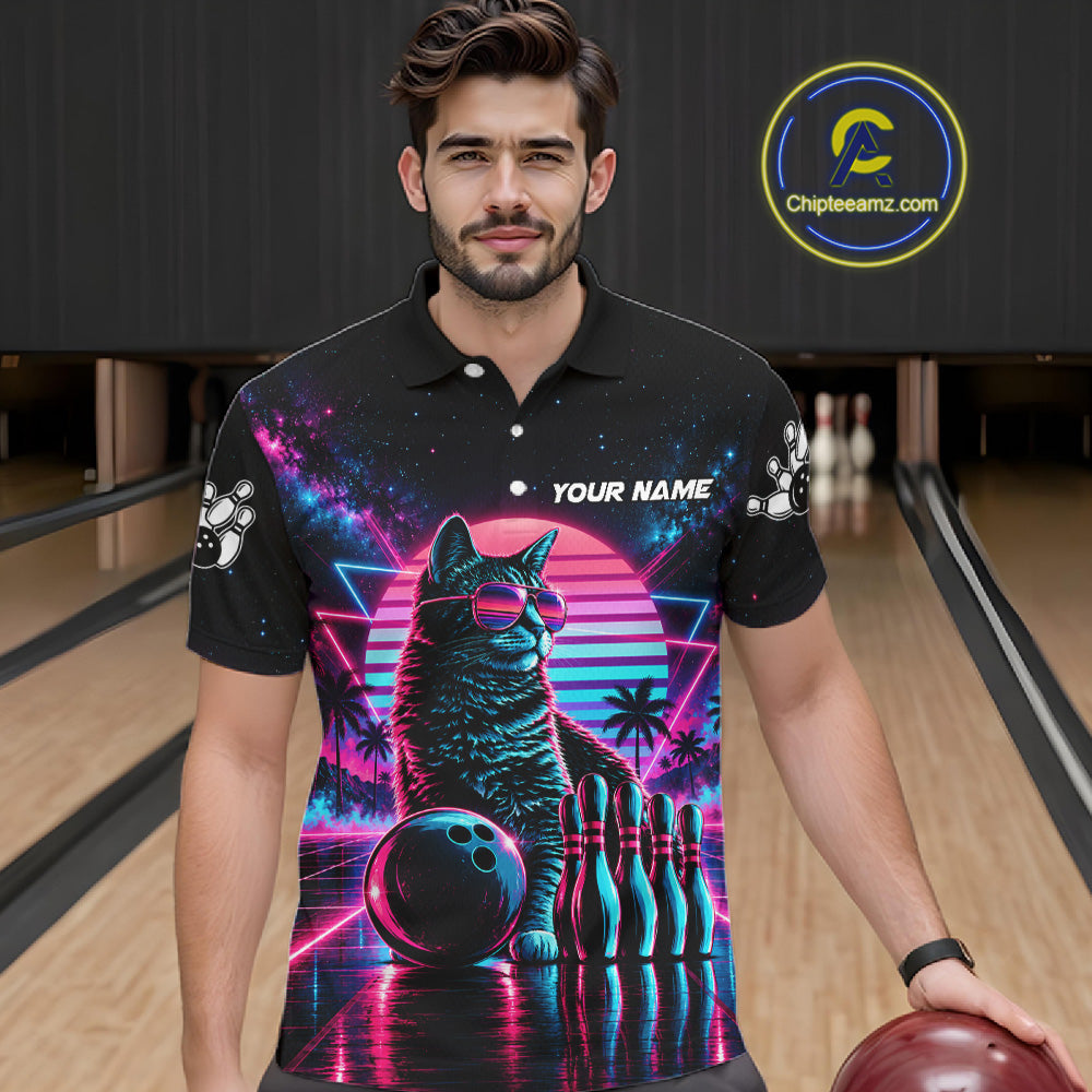 Custom Neon Tabby Cat Vintage 80S Bowling Polo 1/4-Zip Shirt Personalized Retro Bowling Jersey