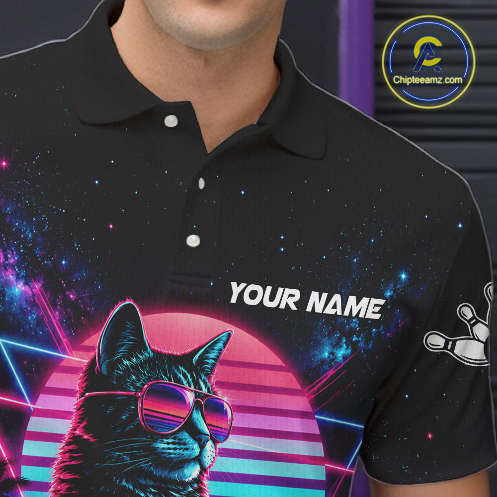 Custom Neon Tabby Cat Vintage 80S Bowling Polo 1/4-Zip Shirt Personalized Retro Bowling Jersey