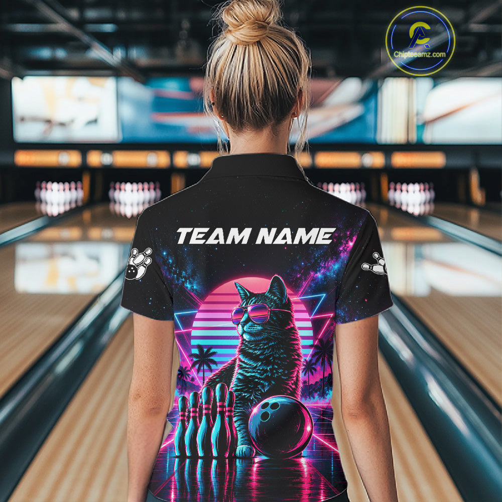 Custom Neon Tabby Cat Vintage 80S Bowling Polo 1/4-Zip Shirt Personalized Retro Bowling Jersey