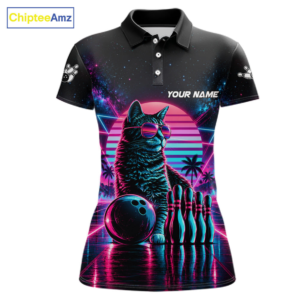 Custom Neon Tabby Cat Vintage 80S Bowling Polo 1/4-Zip Shirt Personalized Retro Bowling Jersey