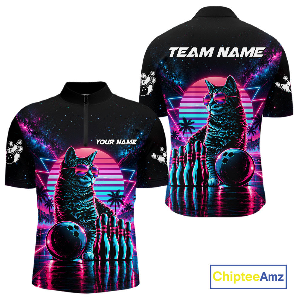Custom Neon Tabby Cat Vintage 80S Bowling Polo 1/4-Zip Shirt Personalized Retro Bowling Jersey