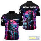 Custom Neon Tabby Cat Vintage 80S Bowling Polo 1/4-Zip Shirt Personalized Retro Bowling Jersey