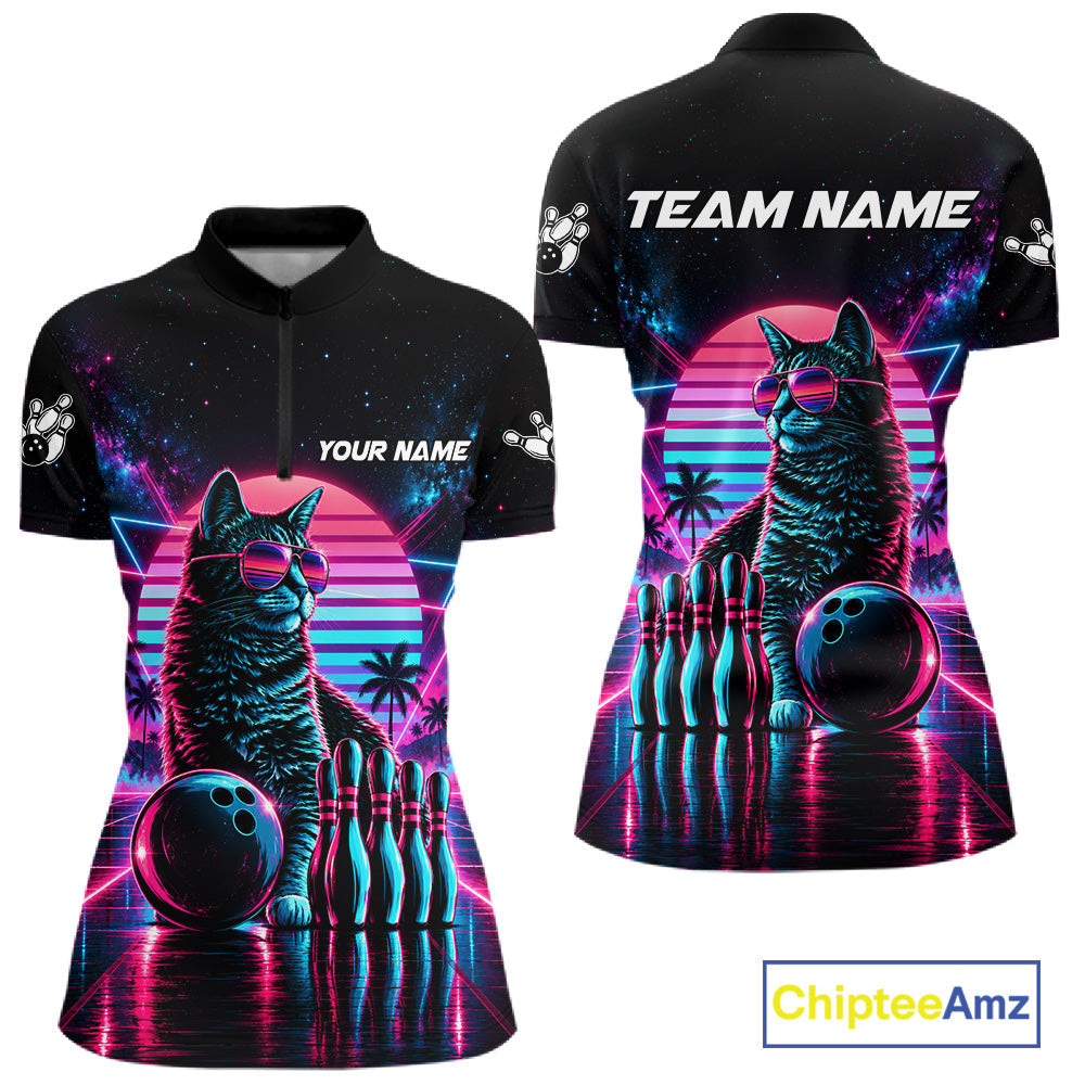 Custom Neon Tabby Cat Vintage 80S Bowling Polo 1/4-Zip Shirt Personalized Retro Bowling Jersey