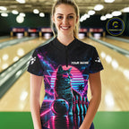 Custom Neon Tabby Cat Vintage 80S Bowling Polo 1/4-Zip Shirt Personalized Retro Bowling Jersey