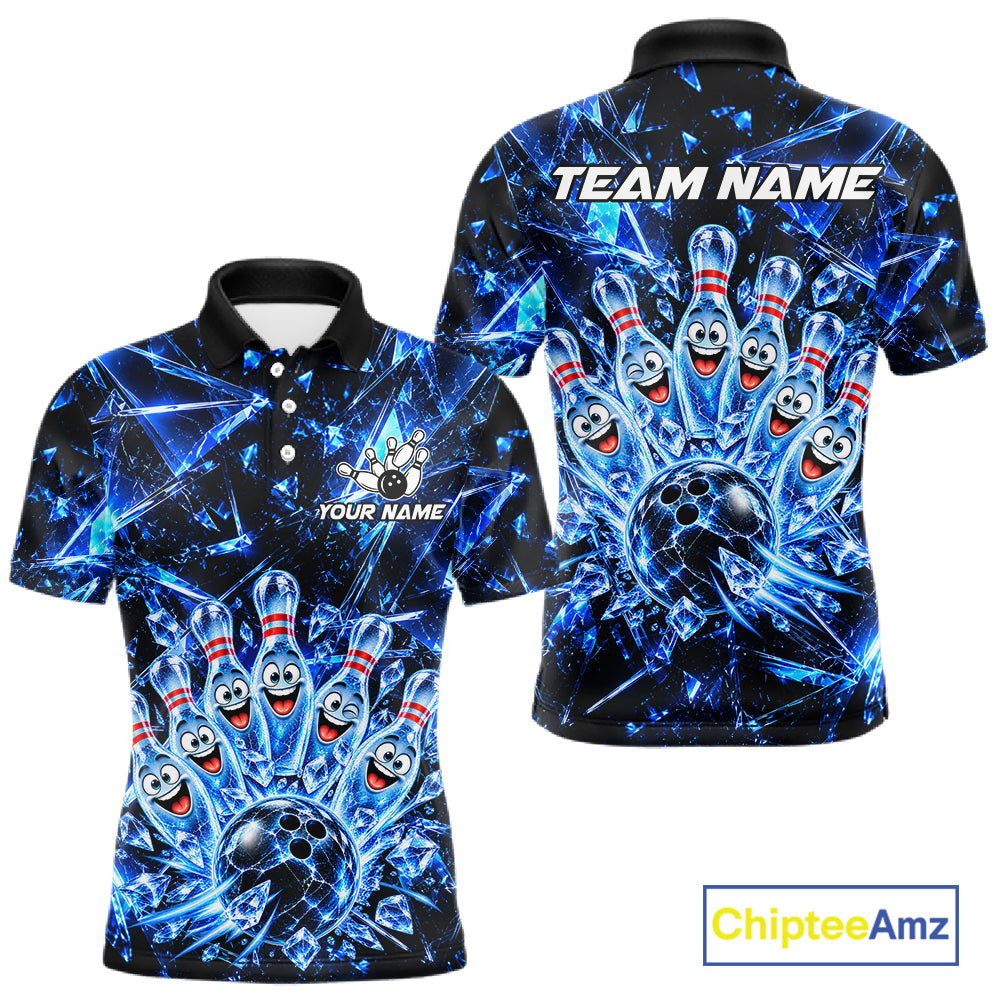 Custom Funny Ice Bowling Pins Polo 1/4-Zip Blue Crystal Bowling Team Apparel Shirts