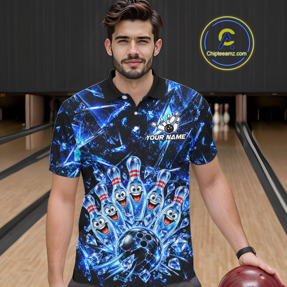 Custom Funny Ice Bowling Pins Polo 1/4-Zip Blue Crystal Bowling Team Apparel Shirts