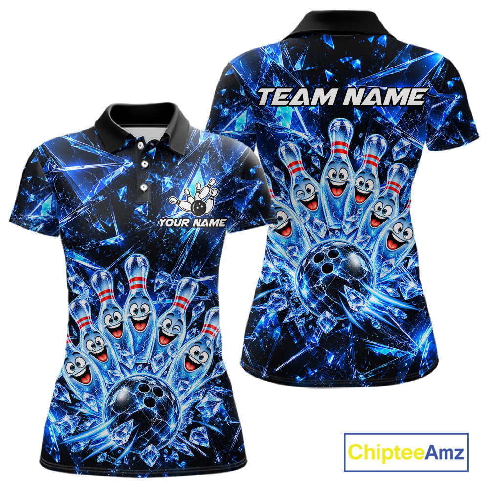 Custom Funny Ice Bowling Pins Polo 1/4-Zip Blue Crystal Bowling Team Apparel Shirts