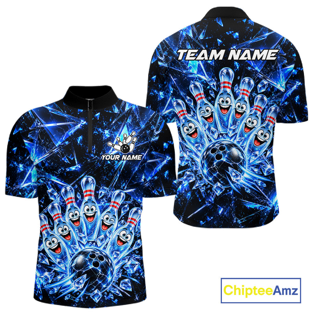 Custom Funny Ice Bowling Pins Polo 1/4-Zip Blue Crystal Bowling Team Apparel Shirts