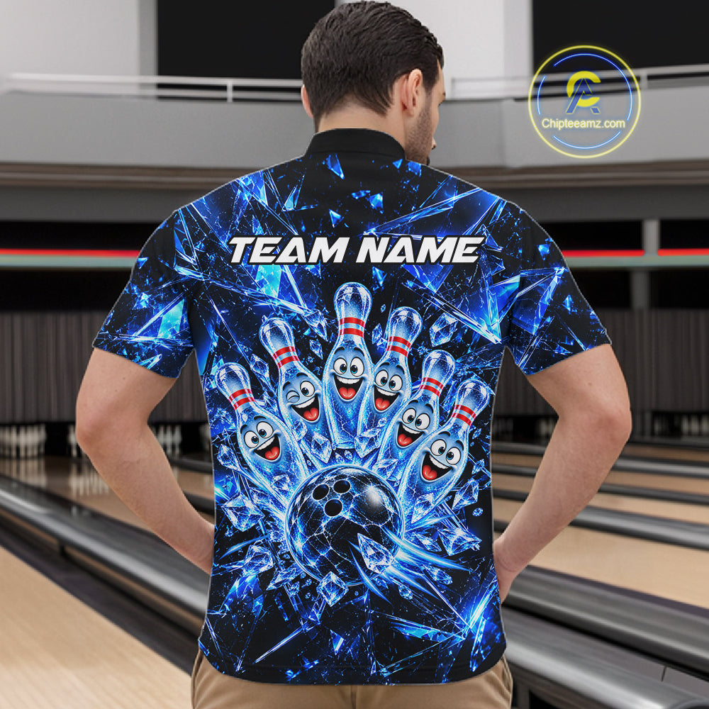 Custom Funny Ice Bowling Pins Polo 1/4-Zip Blue Crystal Bowling Team Apparel Shirts