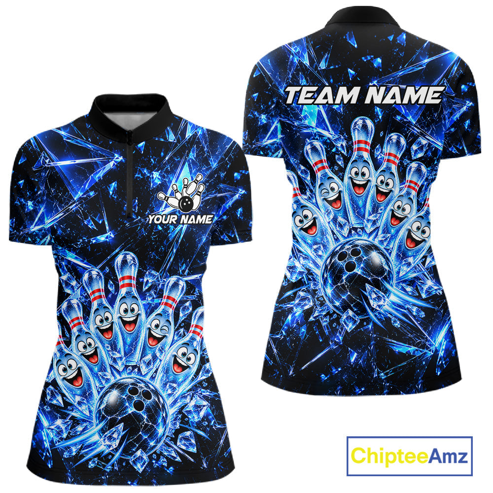 Custom Funny Ice Bowling Pins Polo 1/4-Zip Blue Crystal Bowling Team Apparel Shirts