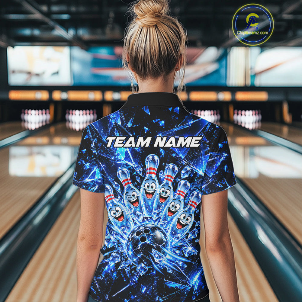 Custom Funny Ice Bowling Pins Polo 1/4-Zip Blue Crystal Bowling Team Apparel Shirts