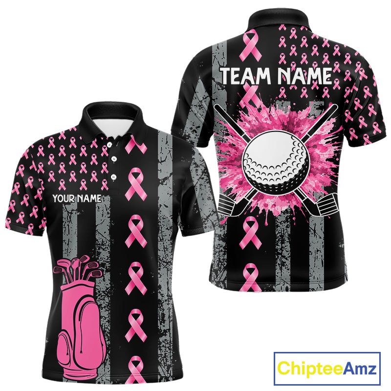 Custom Black Grunge US Flag Pink Ribbon Golf Polo Shirts Breast Cancer Golf Shirts