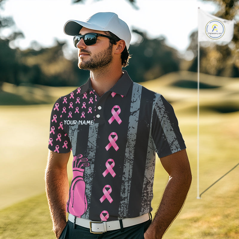 Custom Black Grunge US Flag Pink Ribbon Golf Polo Shirts Breast Cancer Golf Shirts