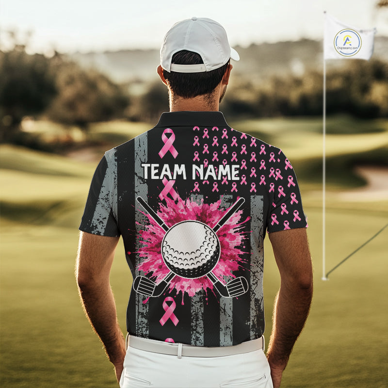 Custom Black Grunge US Flag Pink Ribbon Golf Polo Shirts Breast Cancer Golf Shirts
