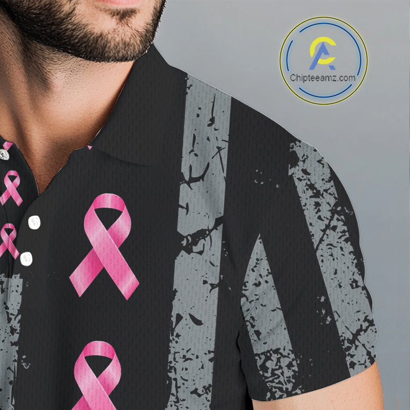 Custom Black Grunge US Flag Pink Ribbon Golf Polo Shirts Breast Cancer Golf Shirts