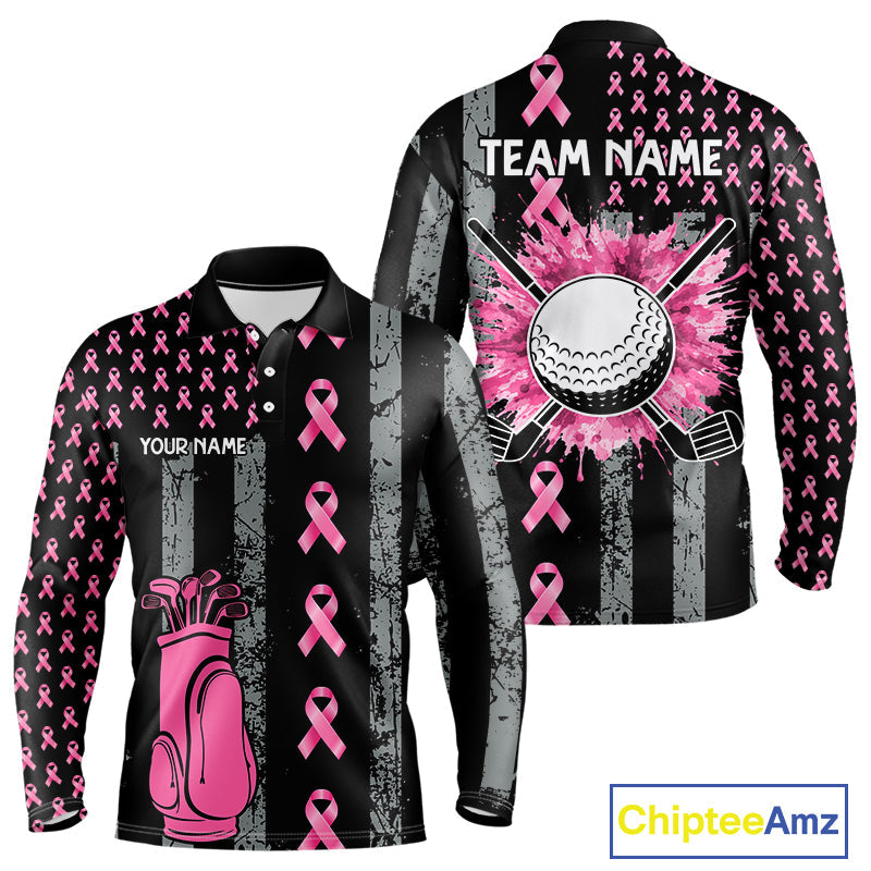 Custom Black Grunge US Flag Pink Ribbon Golf Polo Shirts Breast Cancer Golf Shirts
