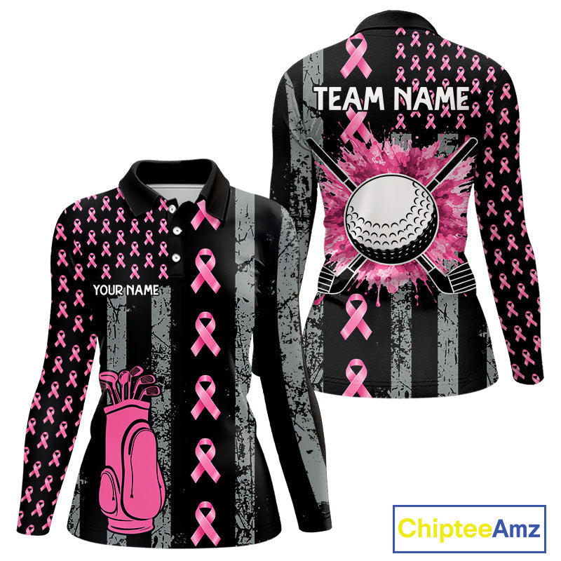 Custom Black Grunge US Flag Pink Ribbon Golf Polo Shirts Breast Cancer Golf Shirts