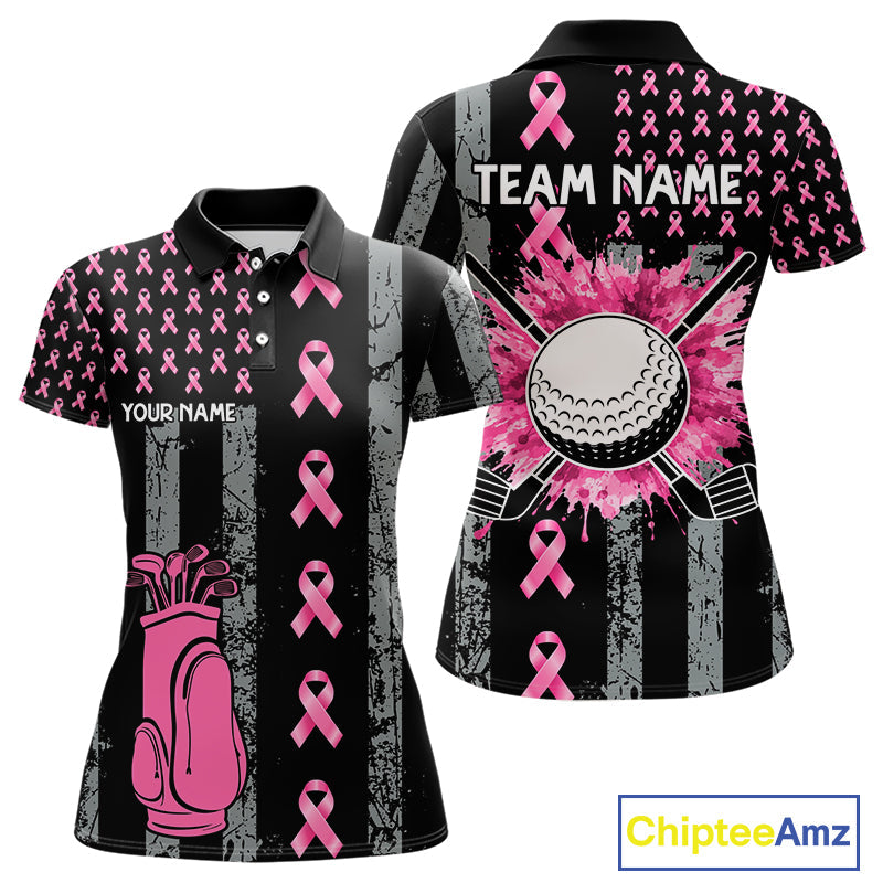 Custom Black Grunge US Flag Pink Ribbon Golf Polo Shirts Breast Cancer Golf Shirts