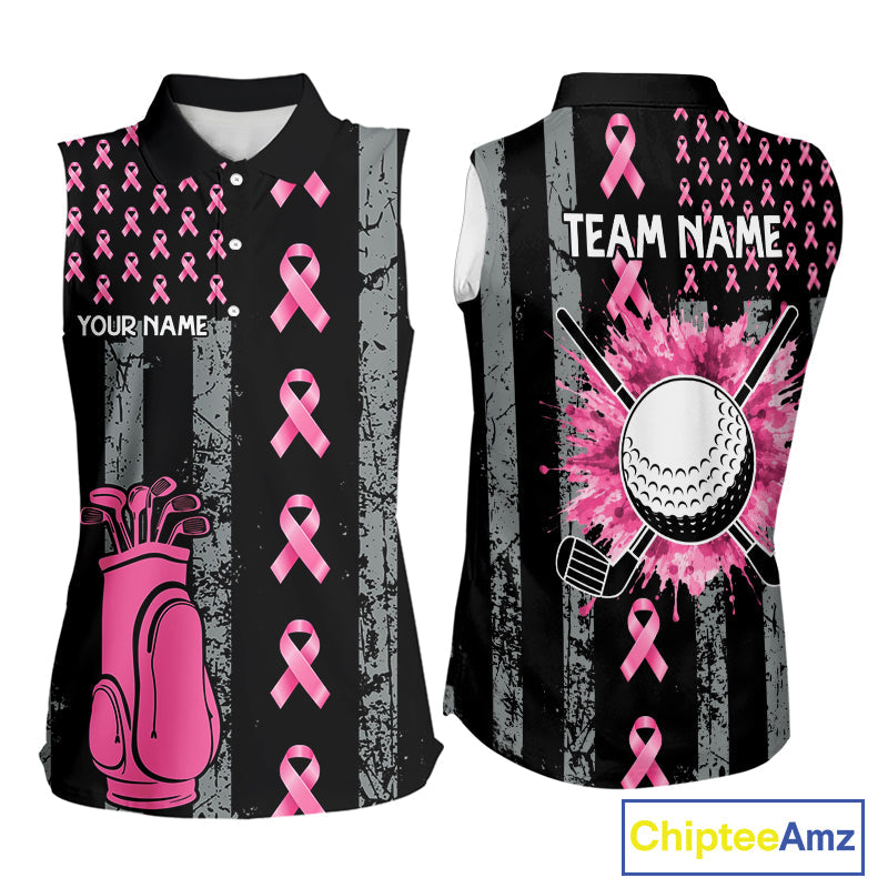 Custom Black Grunge US Flag Pink Ribbon Golf Sleeveless Polo Shirts Breast Cancer Golf Shirts