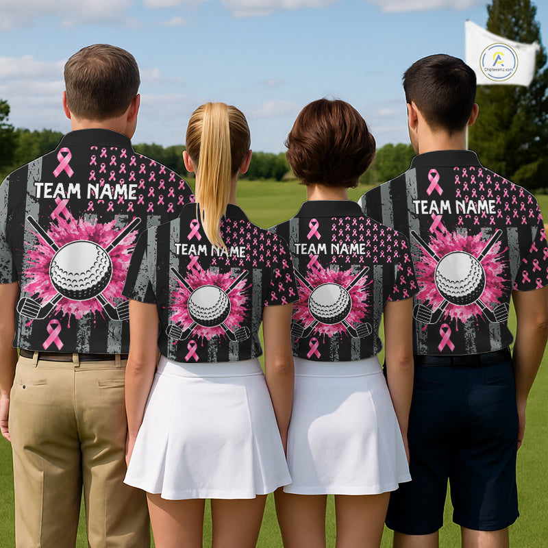 Custom Black Grunge US Flag Pink Ribbon Golf Polo Shirts Breast Cancer Golf Shirts