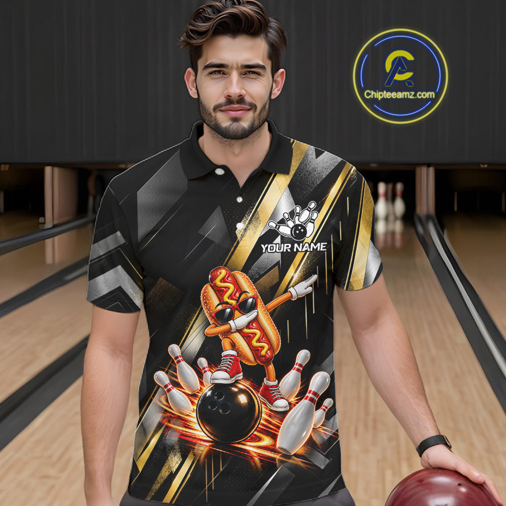 Cool Dabbing Hotdog Bowling Polo 1/4-Zip Shirt Custom Funny Bowling Apparel Bowler Gift
