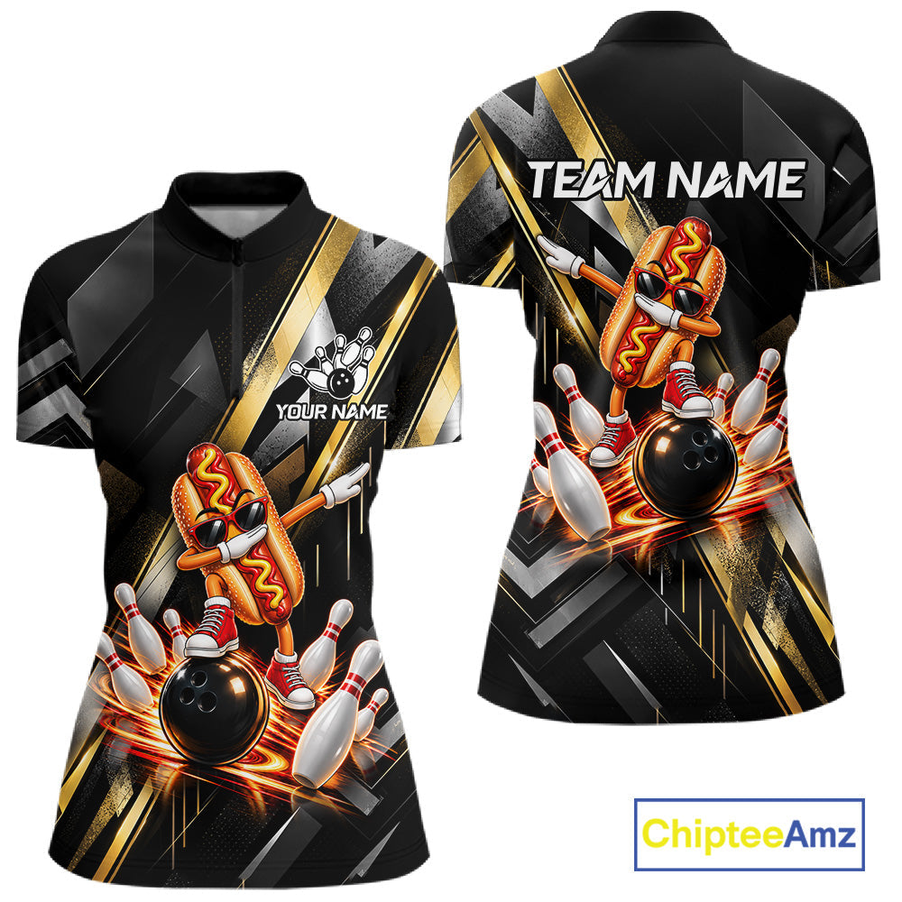 Cool Dabbing Hotdog Bowling Polo 1/4-Zip Shirt Custom Funny Bowling Apparel Bowler Gift