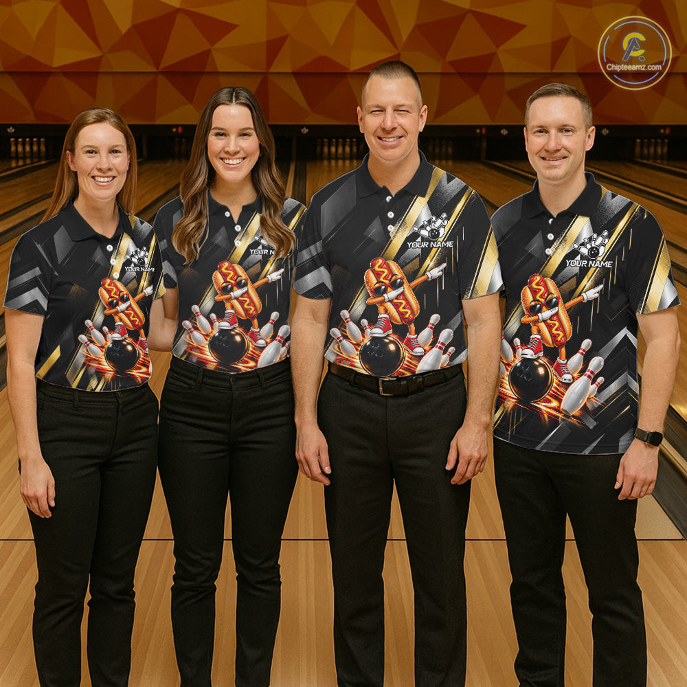Cool Dabbing Hotdog Bowling Polo 1/4-Zip Shirt Custom Funny Bowling Apparel Bowler Gift