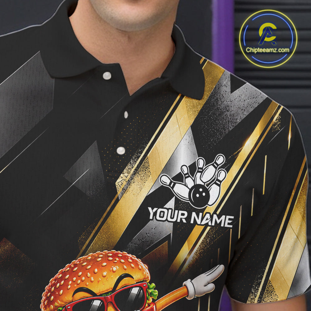 Cool Dabbing Burger Bowling Polo 1/4-Zip Shirt Custom Funny Bowling Apparel Bowler Gift