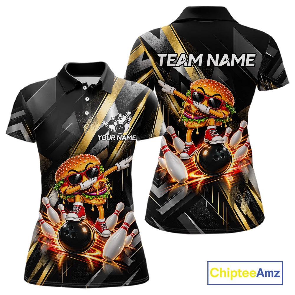 Cool Dabbing Burger Bowling Polo 1/4-Zip Shirt Custom Funny Bowling Apparel Bowler Gift