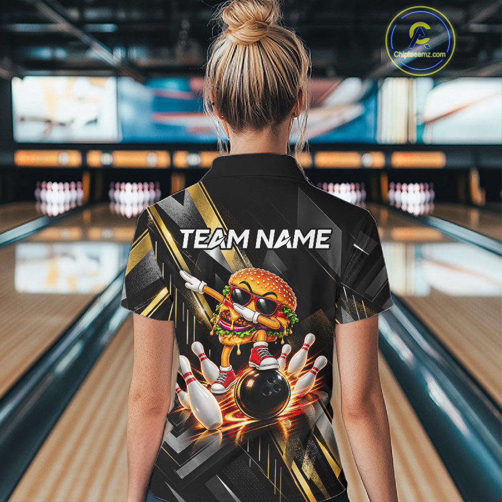 Cool Dabbing Burger Bowling Polo 1/4-Zip Shirt Custom Funny Bowling Apparel Bowler Gift