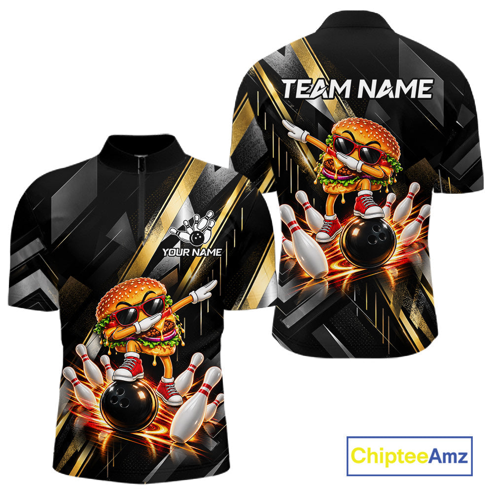 Cool Dabbing Burger Bowling Polo 1/4-Zip Shirt Custom Funny Bowling Apparel Bowler Gift
