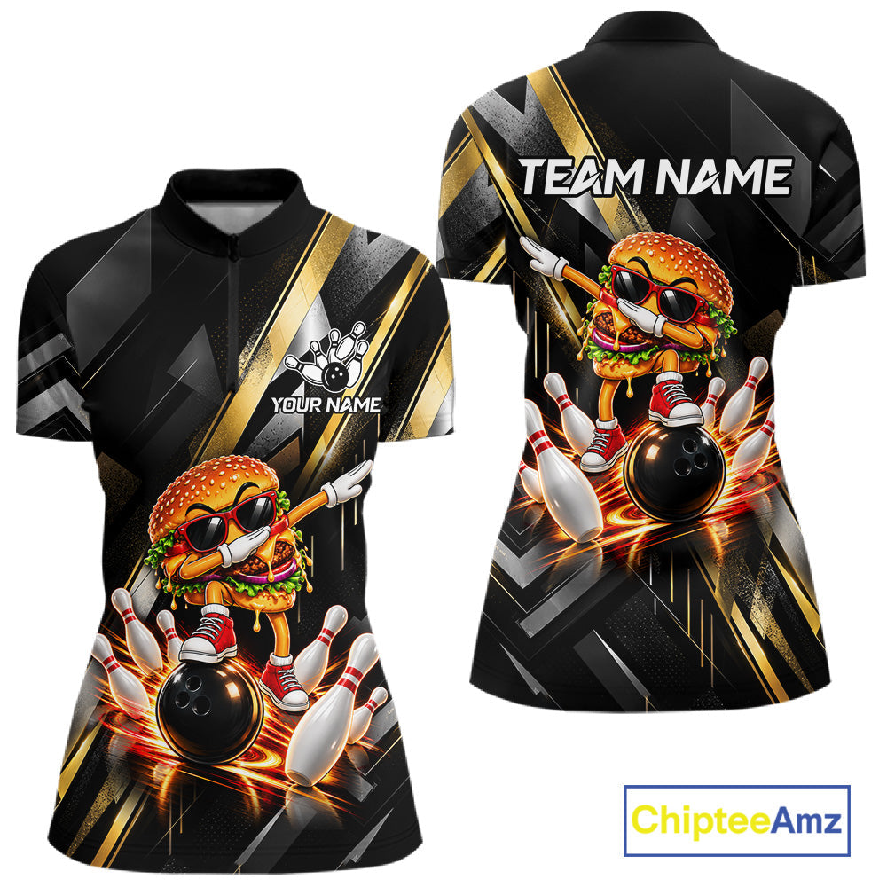 Cool Dabbing Burger Bowling Polo 1/4-Zip Shirt Custom Funny Bowling Apparel Bowler Gift