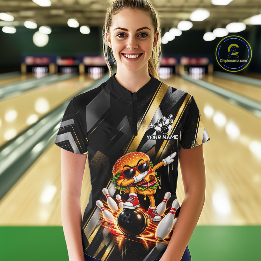 Cool Dabbing Burger Bowling Polo 1/4-Zip Shirt Custom Funny Bowling Apparel Bowler Gift