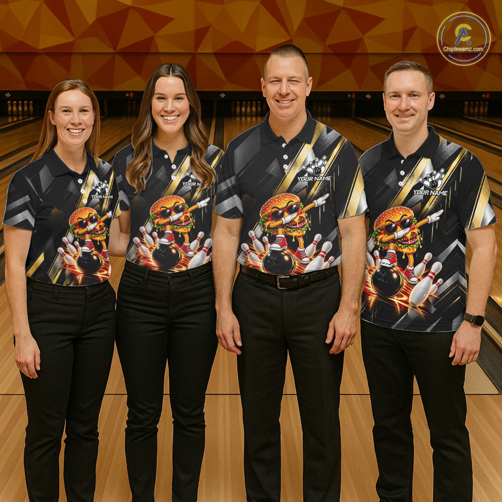 Cool Dabbing Burger Bowling Polo 1/4-Zip Shirt Custom Funny Bowling Apparel Bowler Gift