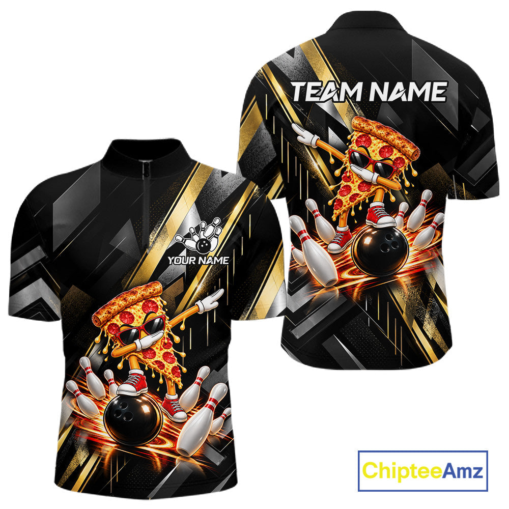 Cool Dabbing Pizza Bowling Polo 1/4-Zip Shirt Custom Funny Bowling Apparel Bowler Gift