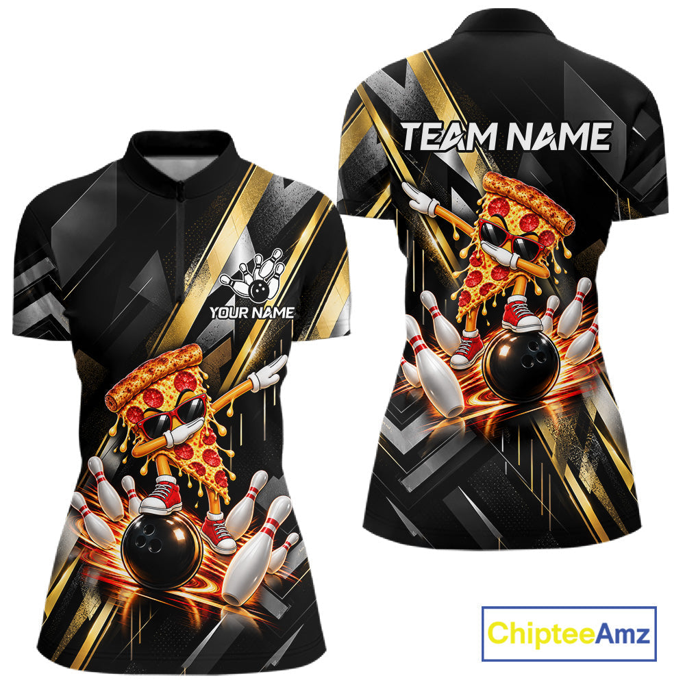Cool Dabbing Pizza Bowling Polo 1/4-Zip Shirt Custom Funny Bowling Apparel Bowler Gift