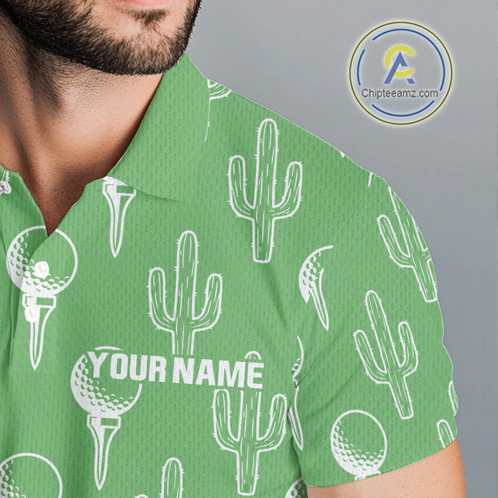 Personalized Desert Cactus Green Pattern Golf Polo Shirts Custom Funny Cactus Golf Gifts