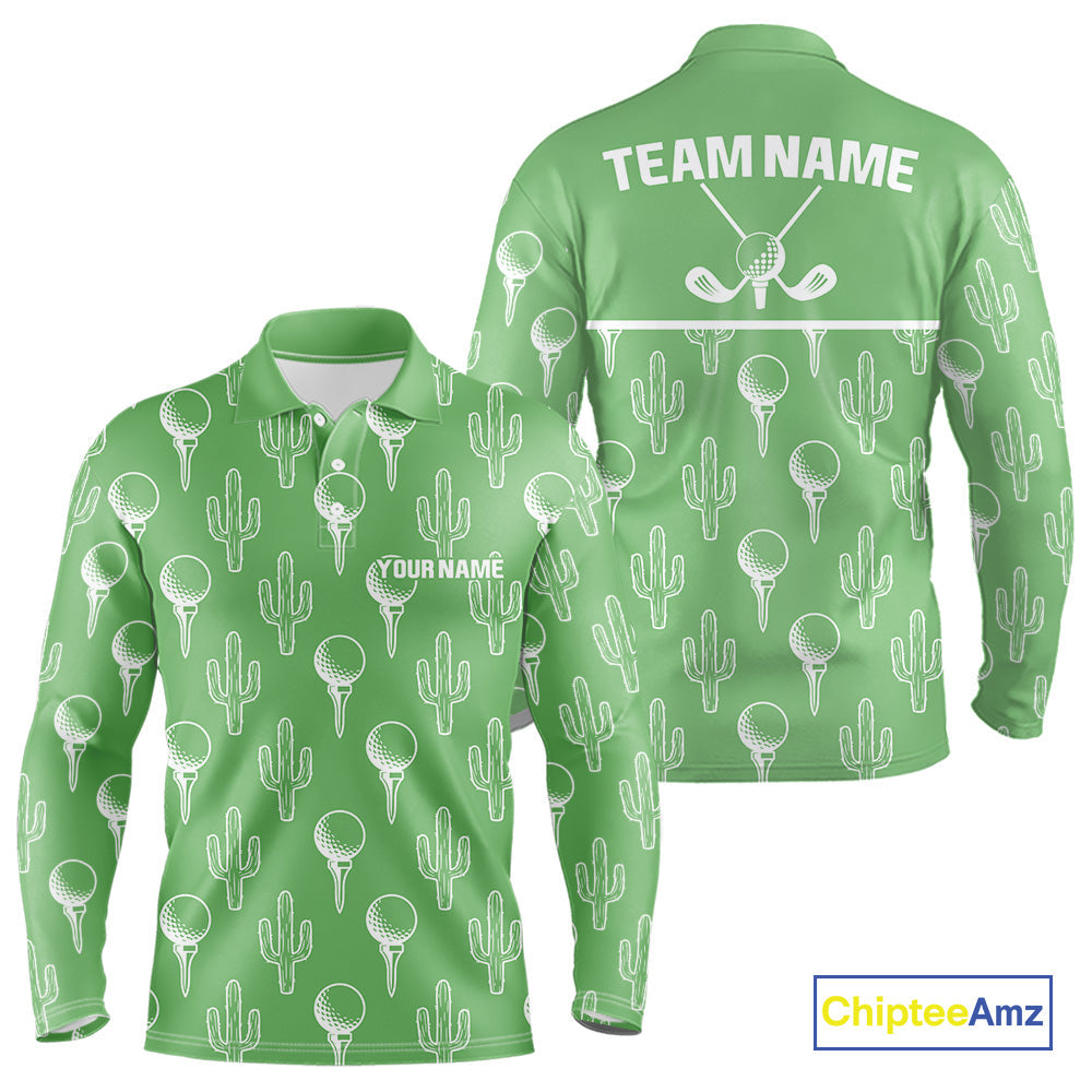 Personalized Desert Cactus Green Pattern Golf Polo Shirts Custom Funny Cactus Golf Gifts